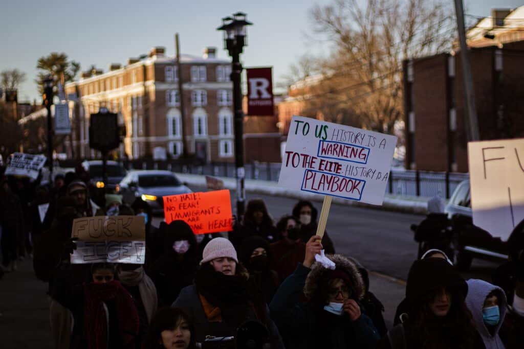 Students marching on college avenue, demonstrating against ICE. Photo: Brea Yumiguano
